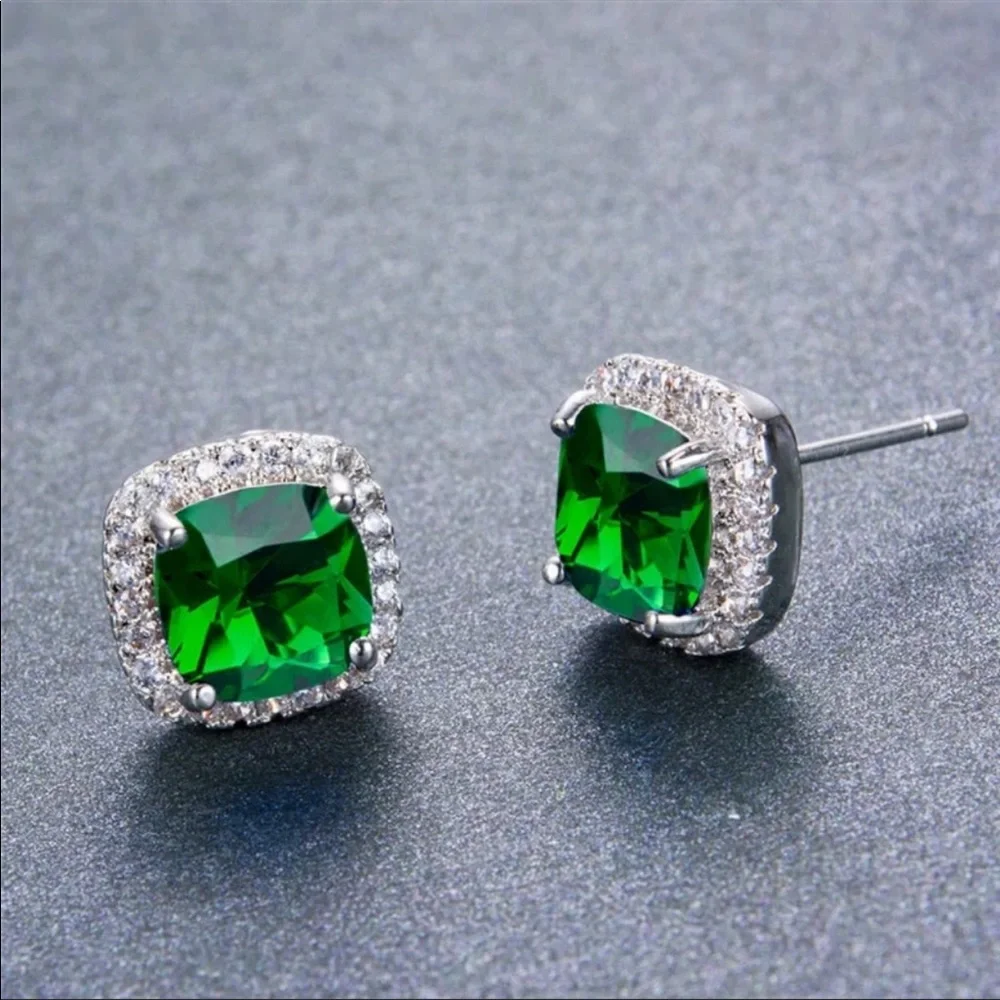 New 925 Silver Square Green Emerald Diamond Earrings - Picture 2 of 3